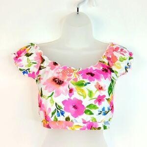 CORAL REEF Mo'Orea Women's Pink Floral Puff Sleeve Swim Crop Top Padded M 8/10